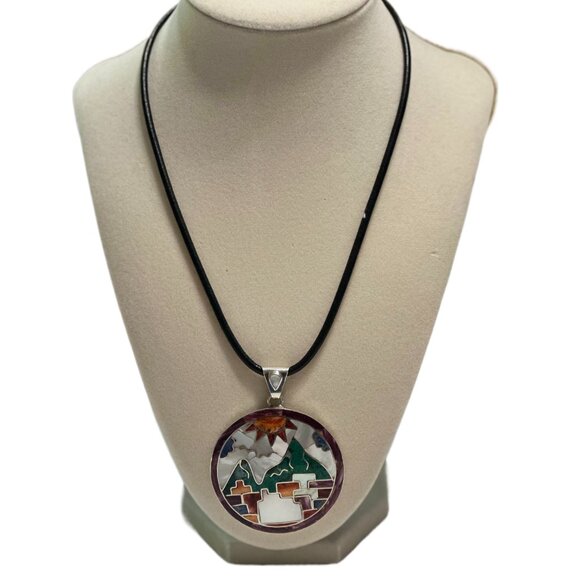 Peruvian 950 Sterling Silver Pendant | Handcrafted Mosaic Inlay natural stone - Picture 6 of 7